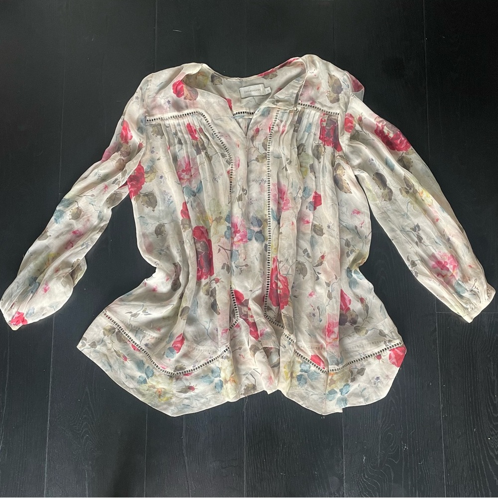 Zimmermann Floral Silk Blouse with Long Sleeves